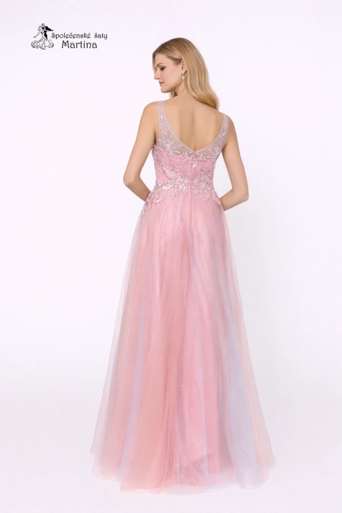 Růžové tylové společenské šaty "Inesa" s vyšívaným živůtkem