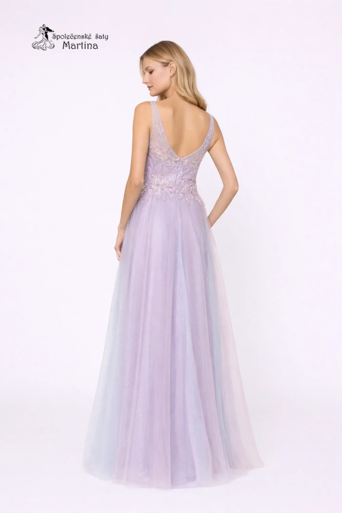 Lila tylové společenské šaty "Inesa" s vyšívaným živůtkem