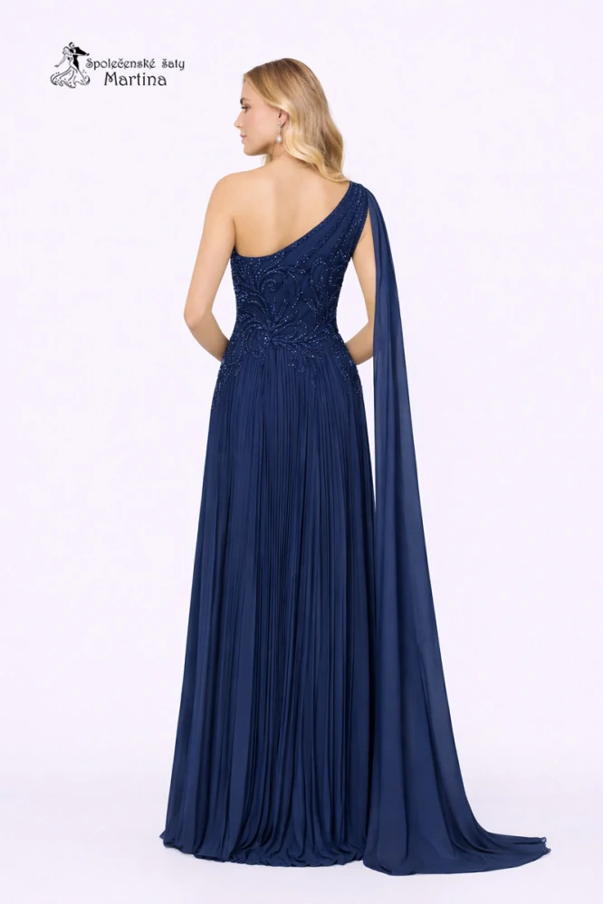 Tmavě modré plisované společenské šaty "Adria" na jedno rameno - vel. 36/38
