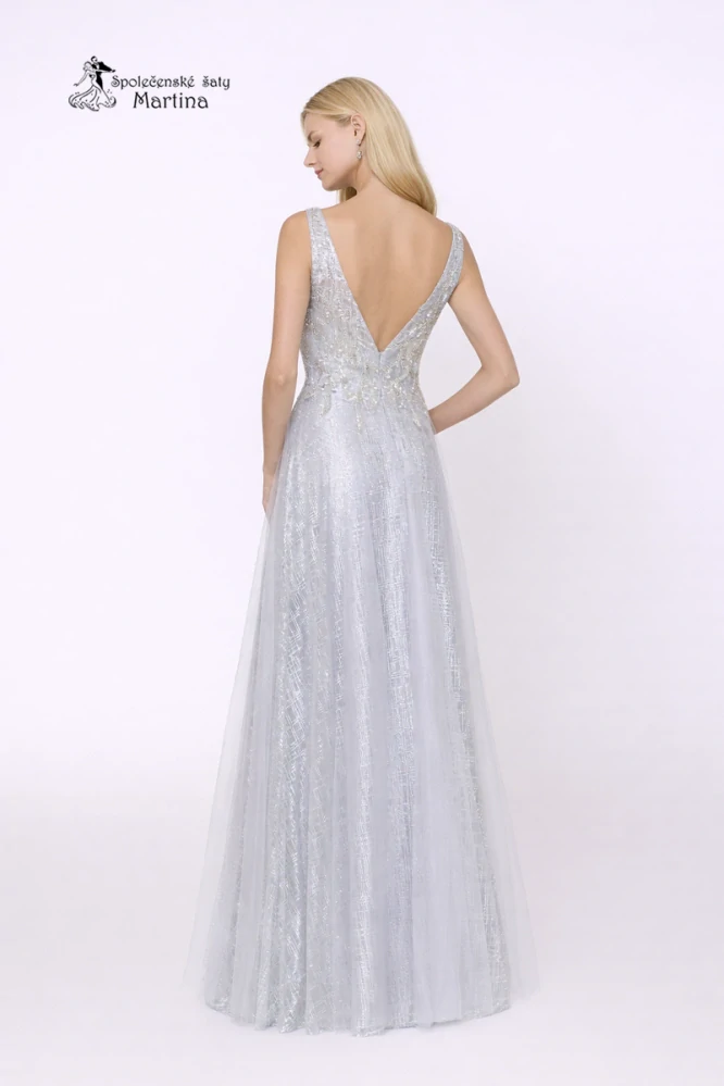 Šedo-stříbrné třpytivé společenské šaty "Kayla" s tylovou sukní a zdobeným živůtkem - vel. 40/42