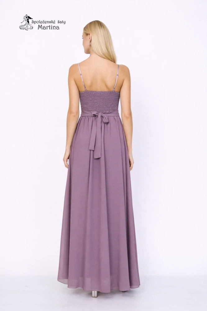 Šeříkové společenské šaty "Wanda" s řaseným živůtkem a rozparkem - vel. UNI