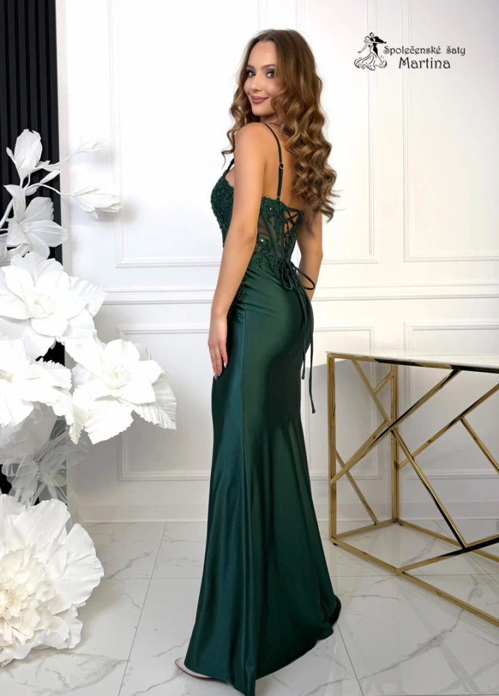 Zelené bodycon společenské šaty "Roxana" s korzetovým živůtkem a vysokým rozparkem