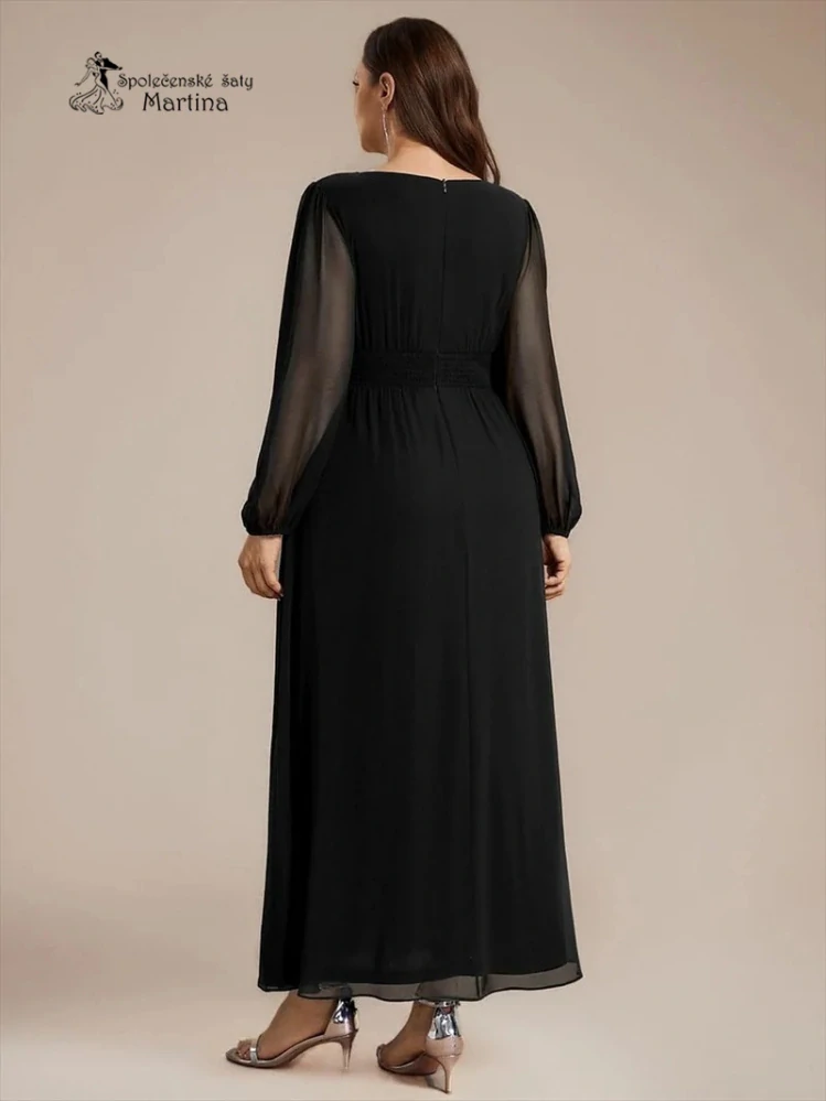 Černé plus size šifonové společenské šaty "Dorothy“ s flitrovým pasem a dlouhými rukávy