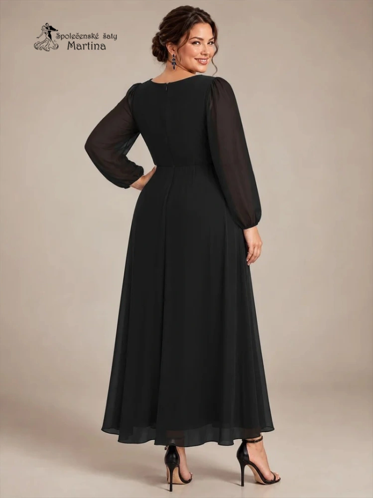 Černé plus size šifonové společenské šaty "Ashley“ s dlouhými rukávy a zdobeným pasem