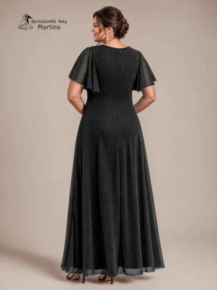 Černé plus size společenské šaty "Noelle" s třpytivou sukní a volnými rukávy