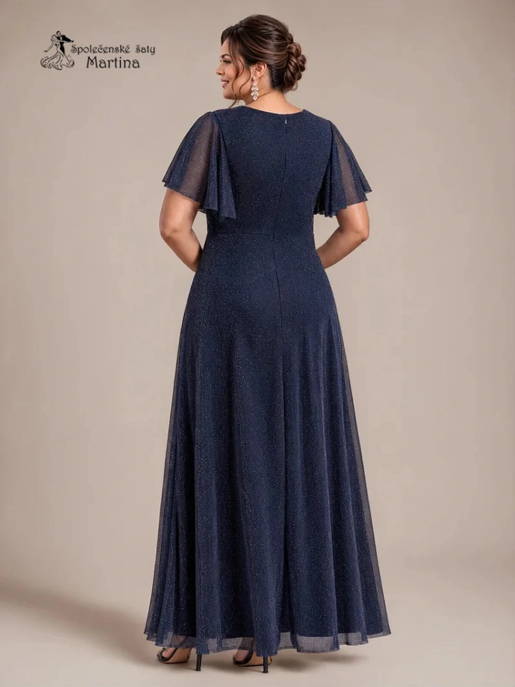 Tmavě modré plus size společenské šaty "Noelle" s třpytivou sukní a volnými rukávy