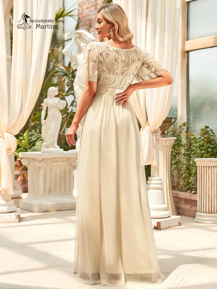 Béžové společenské šaty "Celeste" s krátkým rukávkem