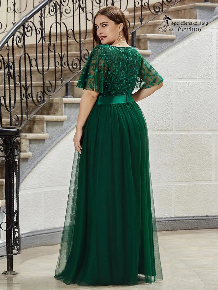 Smaragdové společenské šaty "Celeste XXL" s krátkým rukávkem 