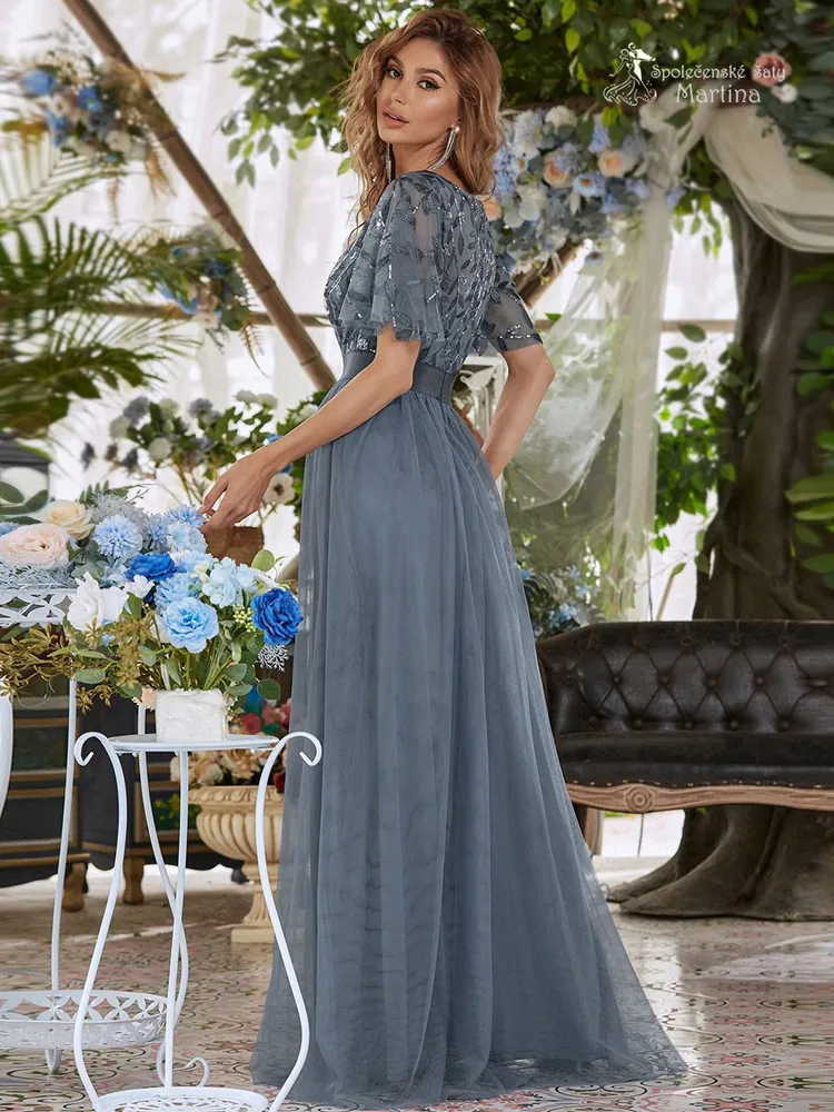 Modro-šedé společenské šaty "Celeste" s krátkým rukávkem - vel. 44