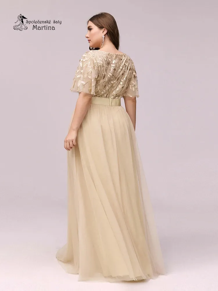 Béžové společenské šaty "Celeste XXL" s krátkým rukávkem 