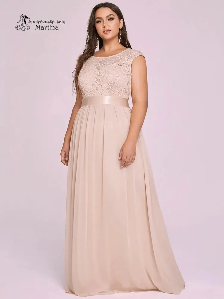 Champagne společenské šaty "Siera XXL" s krajkovým živůtkem