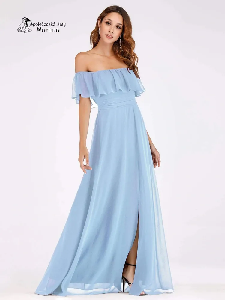 Blankytně modré šaty pro družičky "Alma" se spadenými rukávy 