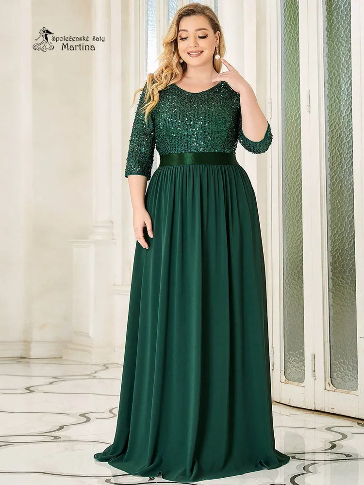 Lahvově zelené společenské šaty "Piper XXL" s 3/4 rukávy a s flitrovým živůtkem