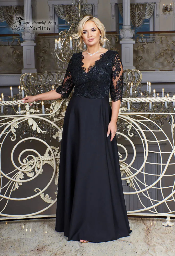 Černé dlouhé společenské šaty "Roxy" s 3/4 rukávem 