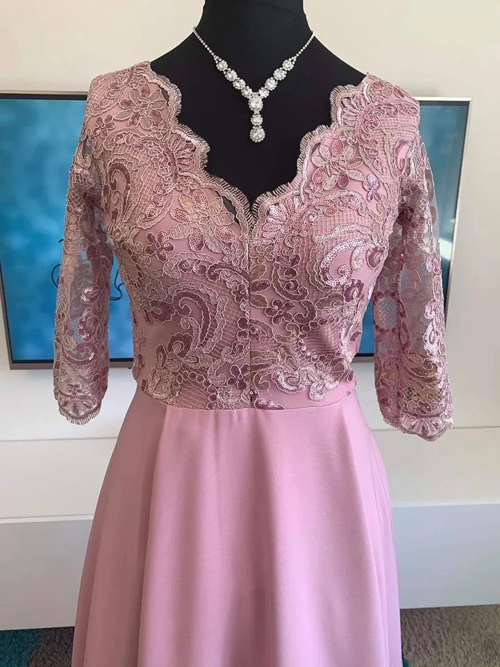 Pastel pink dlouhé společenské šaty "Roxy" s 3/4 rukávem - vel. 38