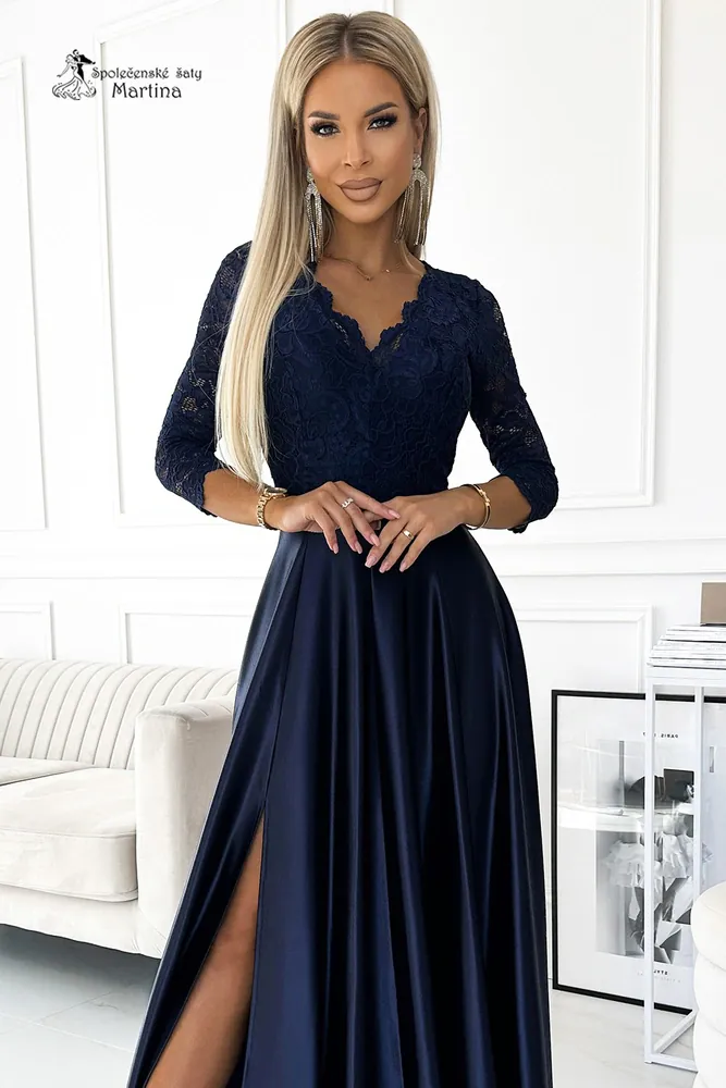 Tmavě modré šaty "Amber"s krajkovým živůtkem a saténovou sukní
