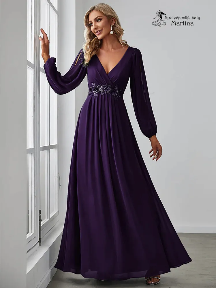 Tmavě fialové šaty "Harper" s dlouhým rukávem 