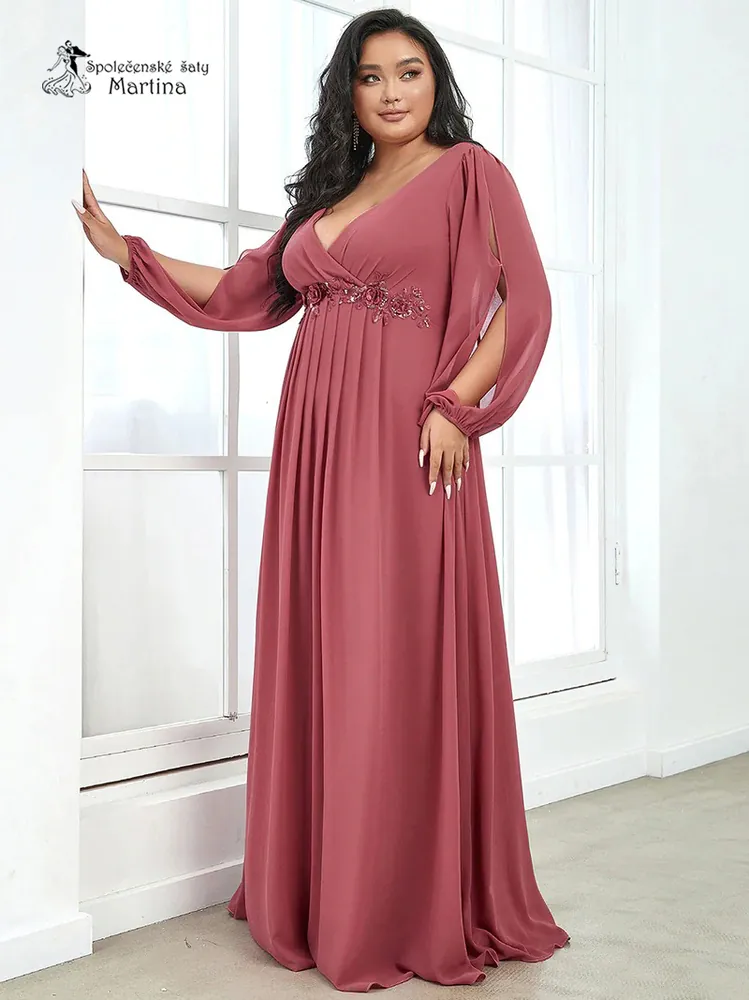 Jahodové plus size šaty "Harper" s dlouhým rukávem