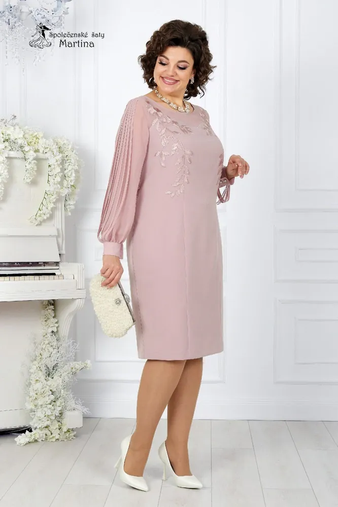 Pudrově růžové pouzdrové šaty "Montana" se zdobenými rukávy - vel. 46 