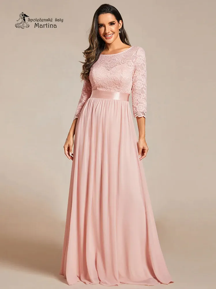 Světle růžové společenské šaty s 3/4 krajkovými rukávy "Trish" 