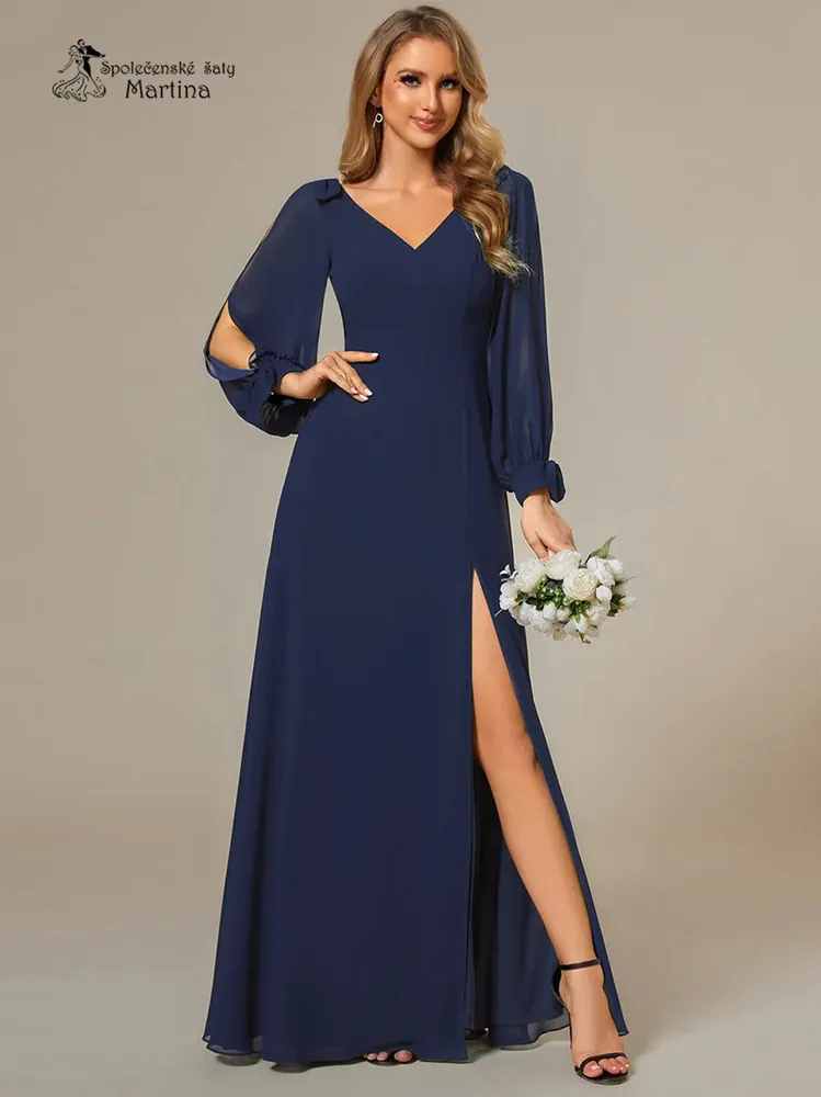 Tmavě modré společenské šaty "Allison" s dlouhými rukávy