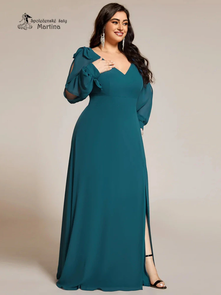 Petrolejové společenské šaty "Allison XXL" s dlouhými rukávy