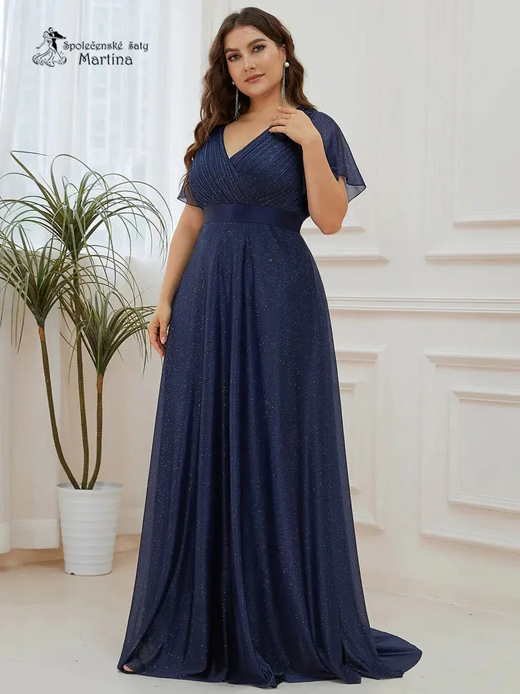 Tmavě modré jemně třpytivé společenské šaty s volnými rukávy "Darien XXL" 