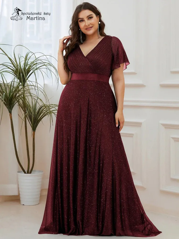 Vínové jemně třpytivé společenské šaty s volnými rukávy "Darien XXL" 