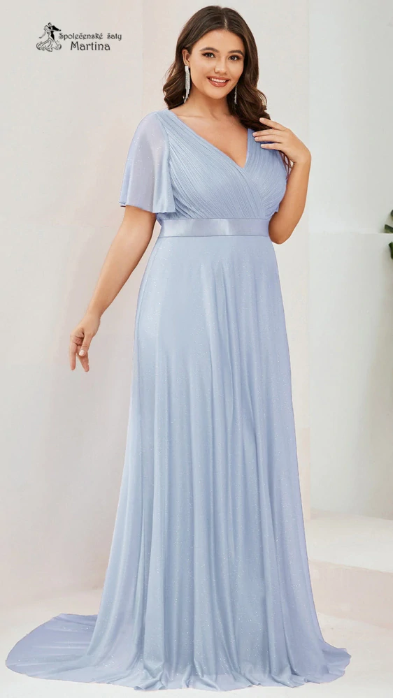 Blankytně modré jemně třpytivé společenské šaty s volnými rukávy "Darien XXL" 