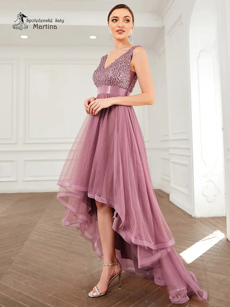 Starorůžové asymetrické tylové společenské šaty "Leslie" s flitrovým živůtkem