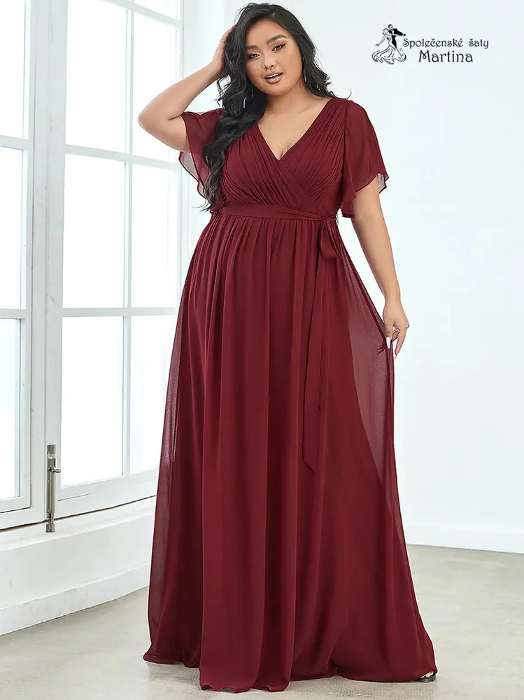 Vínové společenské šaty či pro svatebního hosta "Katherine" s volnými rukávy - vel. 48