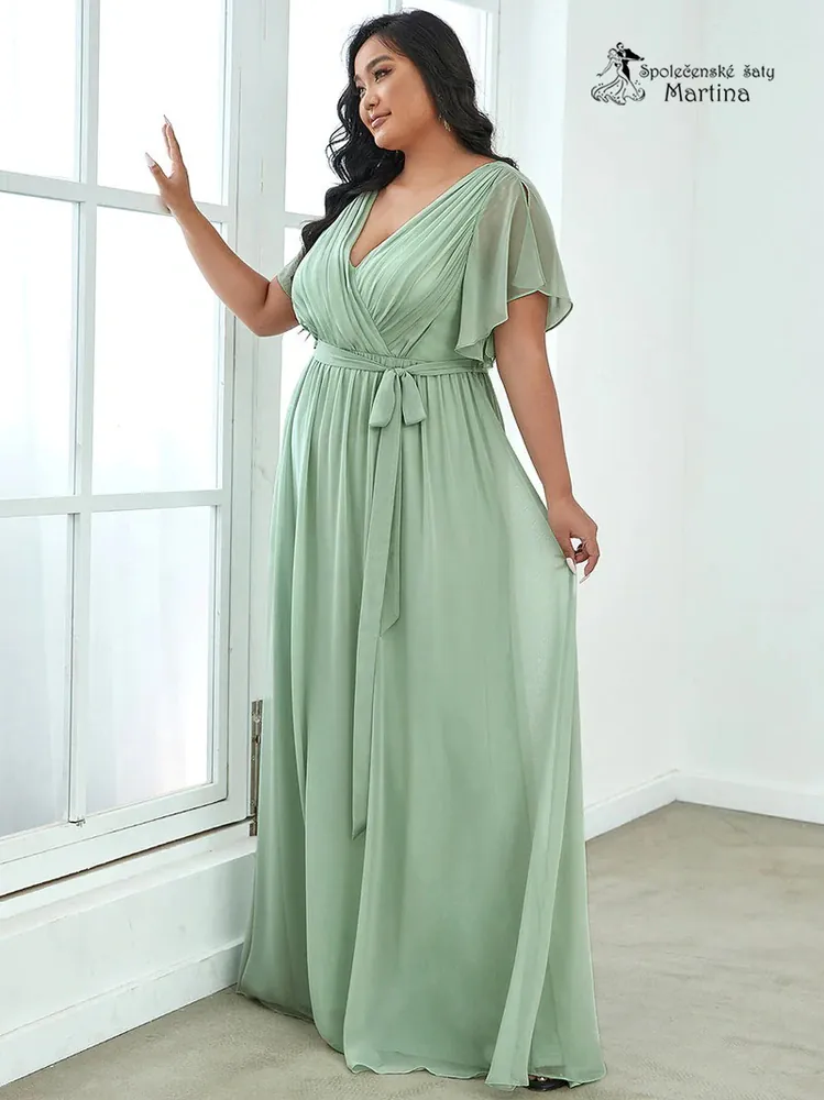 Pistáciové společenské plus size šaty či pro svatebního hosta "Katherine" s volnými rukávy