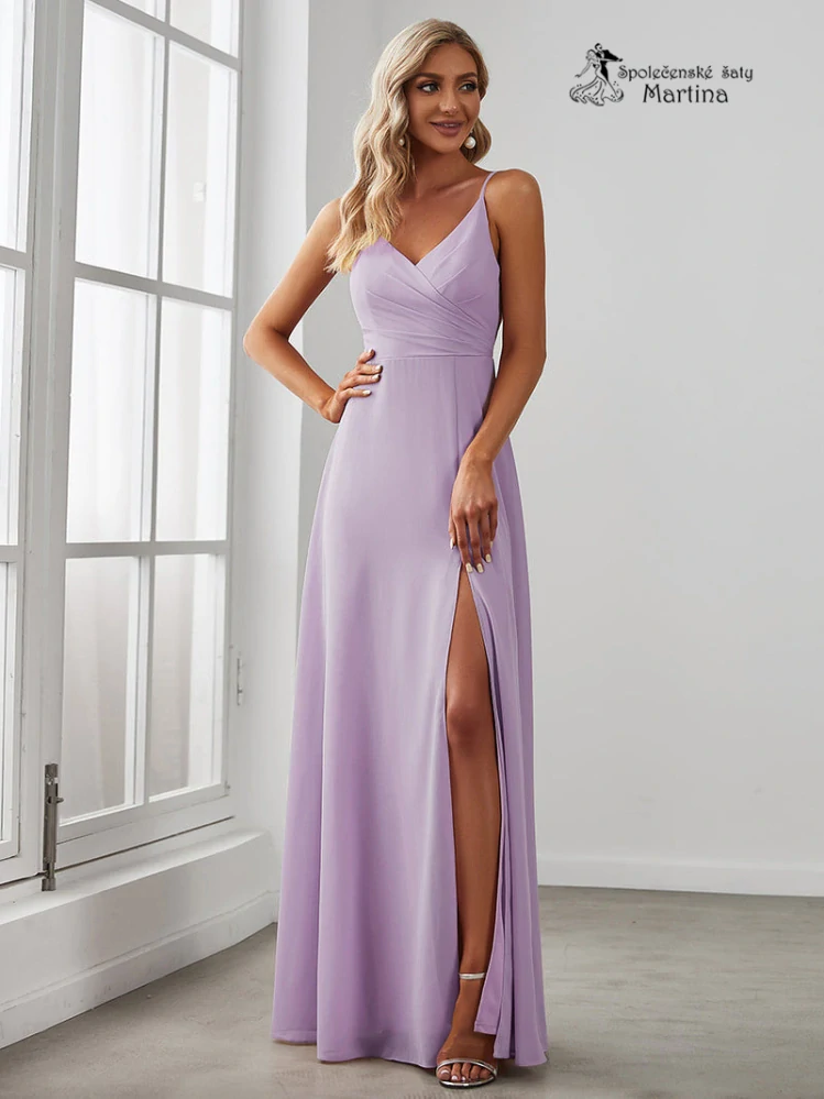 Jednoduché elegantní lila šaty pro svědkyni, družičku či svatebního hosta "Valerdi" se špagetovými ramínky