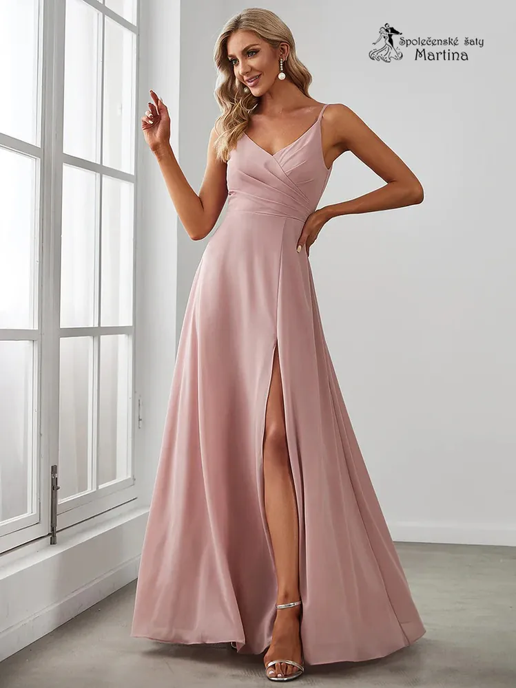 Jednoduché elegantní pudrové šaty pro svědkyni, družičku či svatebního hosta "Valerdi" se špagetovými ramínky