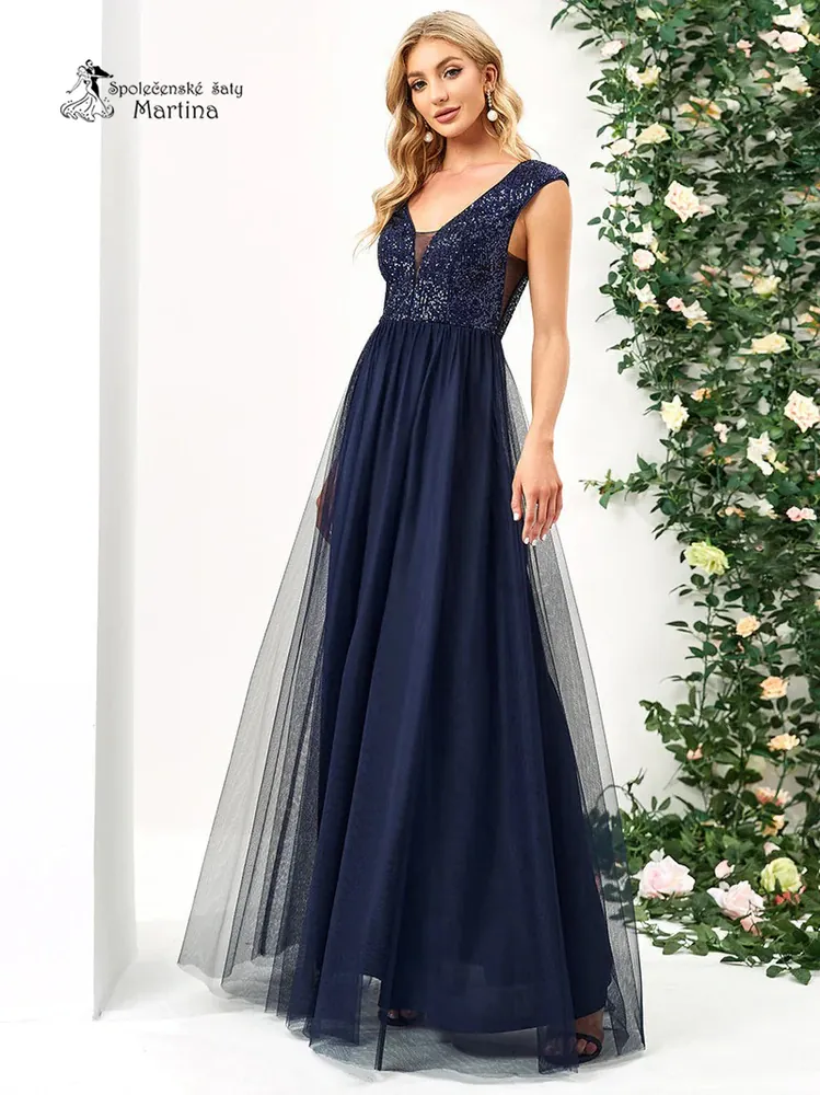 Tmavě modré tylové šaty "Kaety" s flitrovým živůtkem a širokými ramínky