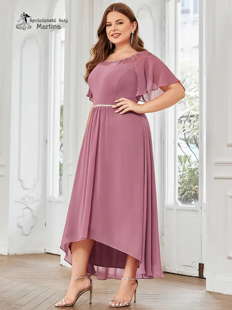 Starorůžové asymetrické šifonové šaty "Lareyna" s volnými rukávy - vel. 48