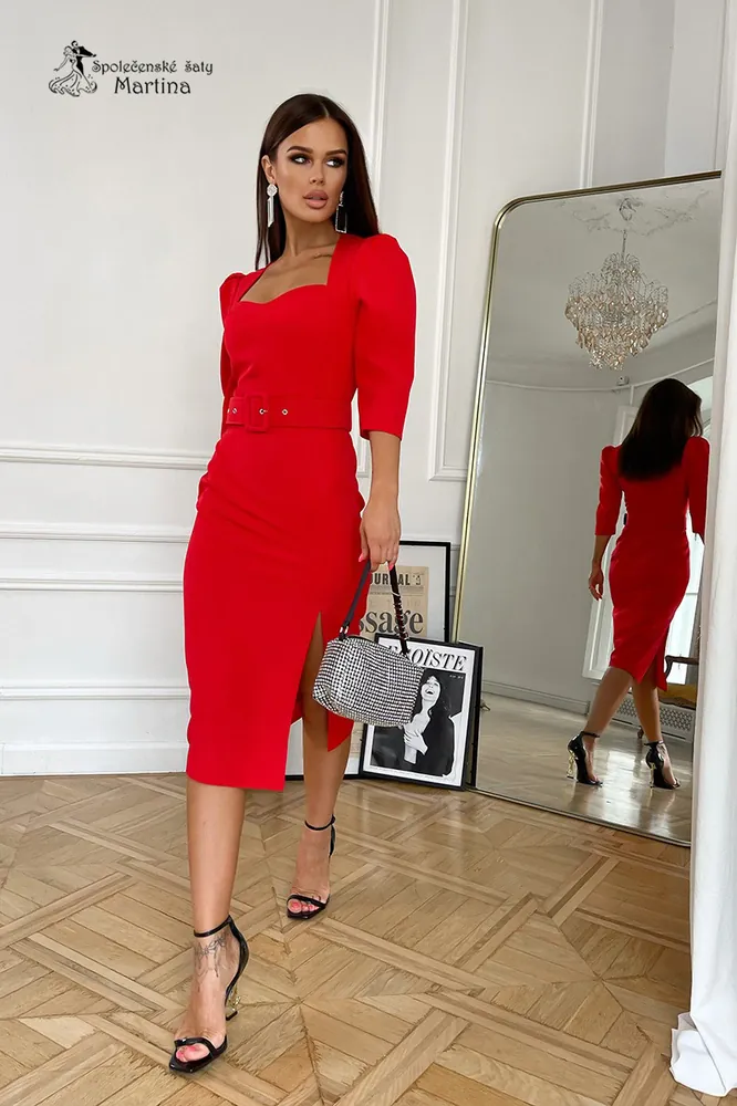 Červené pouzdrové šaty "Chanelle" se srdíčkovým výstřihem a rukávy