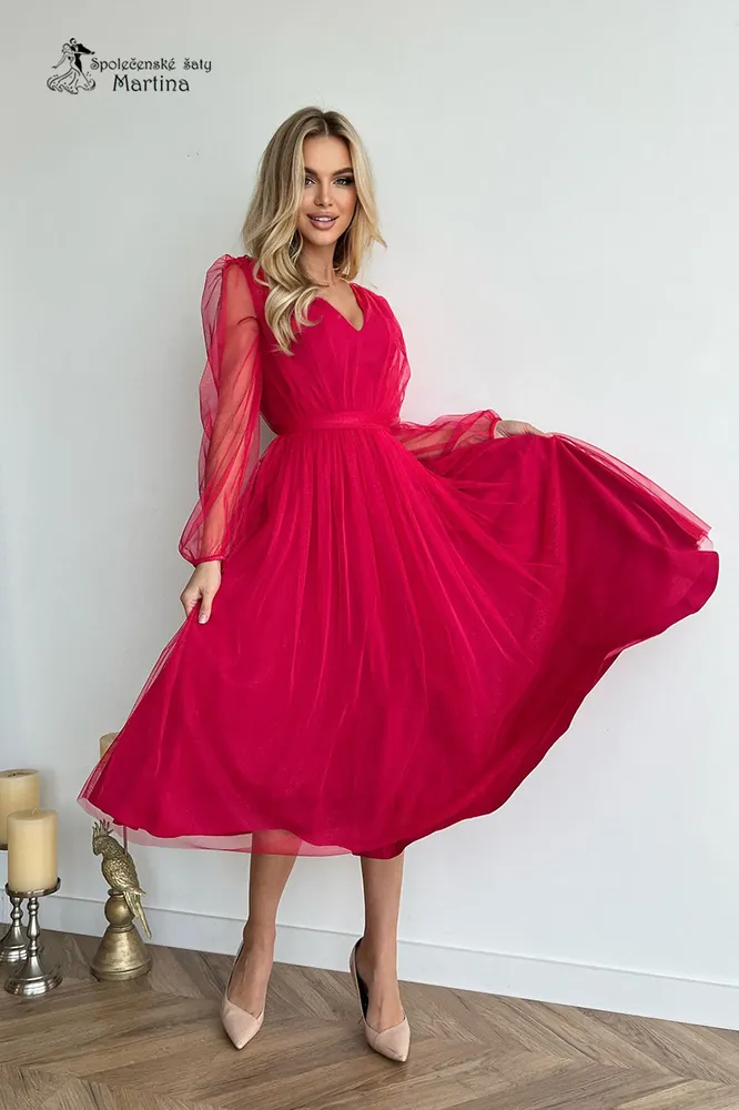 Malinové midi tylové třpytivé šaty "Becca" s rukávy