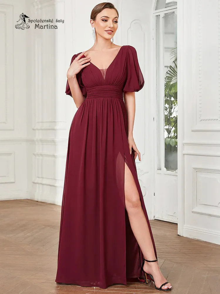 Vínové společenské šaty "Andra" s volnými rukávy