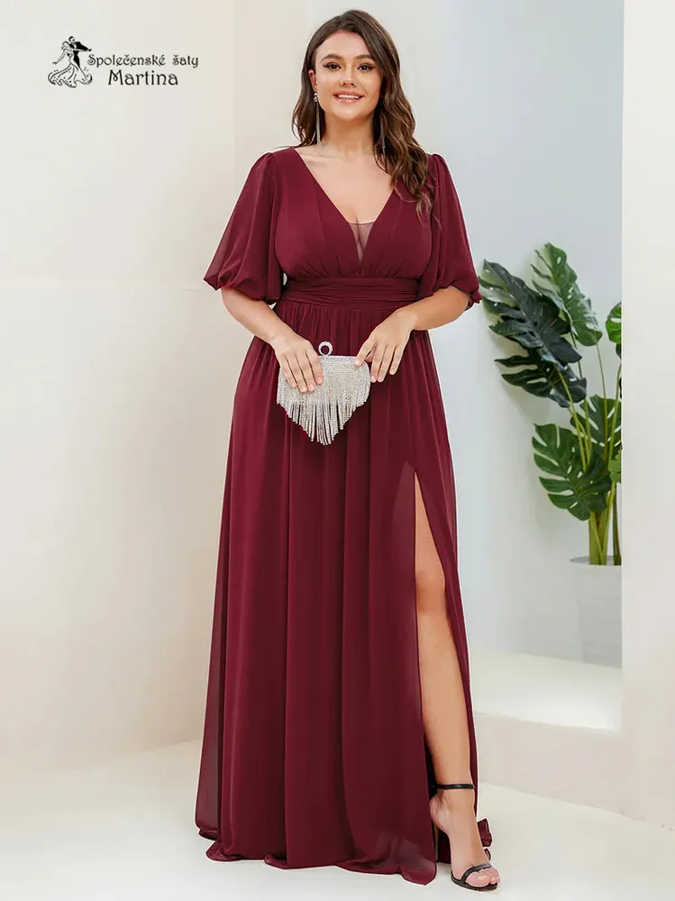 XXL vínové společenské šaty "Andra" s volnými rukávy