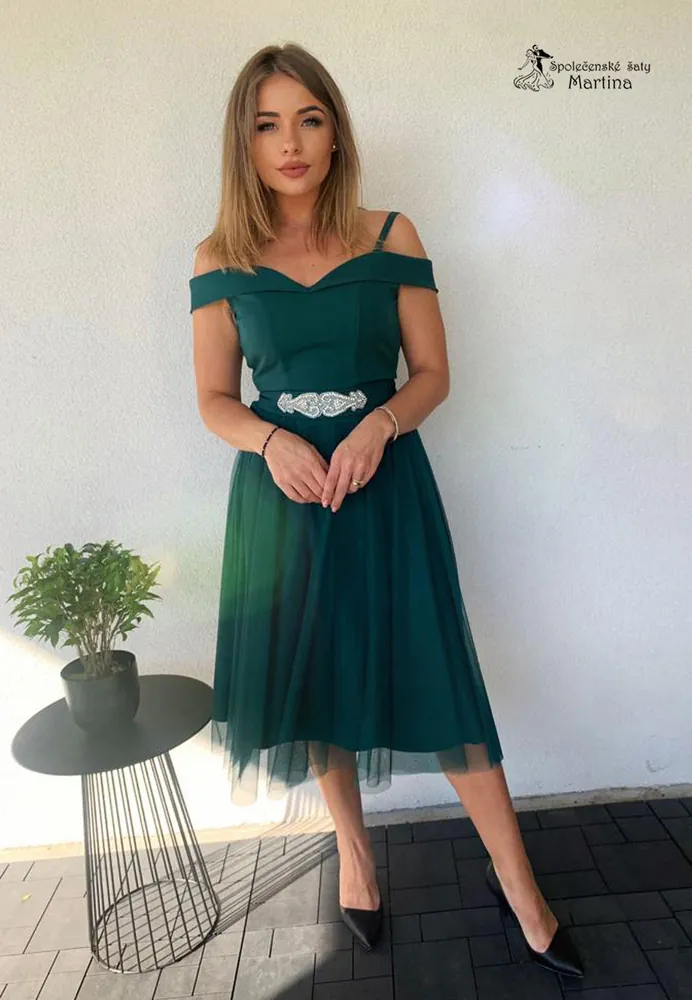 Midi lahvově zelené společenské šaty "Daisy" se spadenými ramínky