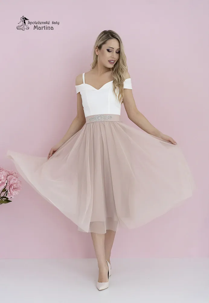 Midi bílo-cappucinové šaty pro svatebního hosta či družičku "Daisy" se spadenými ramínky