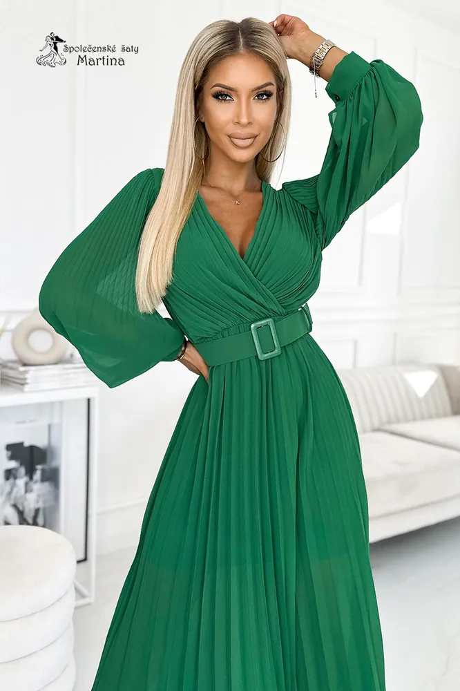 Světle zelené dlouhé plisované šaty pro svatebního hosta "Moyra" s dlouhým rukávem 