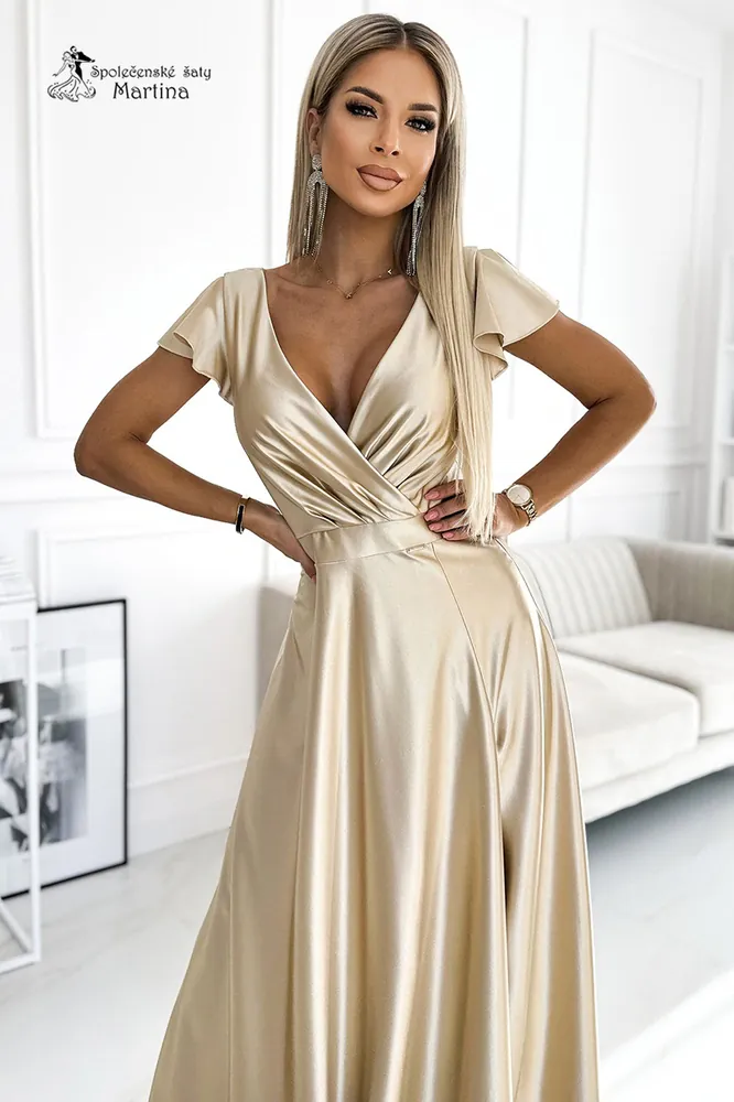 Zlaté saténové společenské šaty s krátkým rukávkem "Crystal"