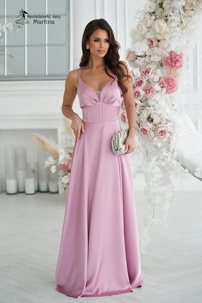 Pudrově růžové saténové dlouhé šaty "Ally" na tenká ramínka a s rozparkem