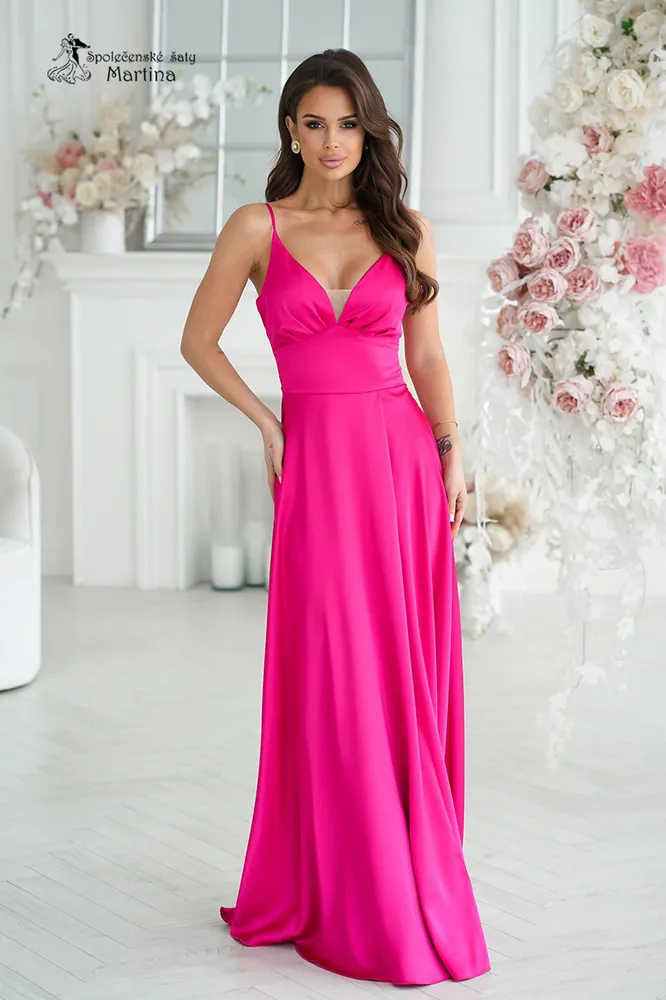 Fuchsiové saténové dlouhé šaty "Ally" na tenká ramínka a s rozparkem - vel. 38