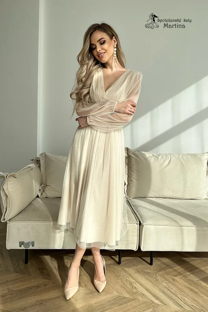 Béžové midi tylové třpytivé šaty "Becca" s rukávy