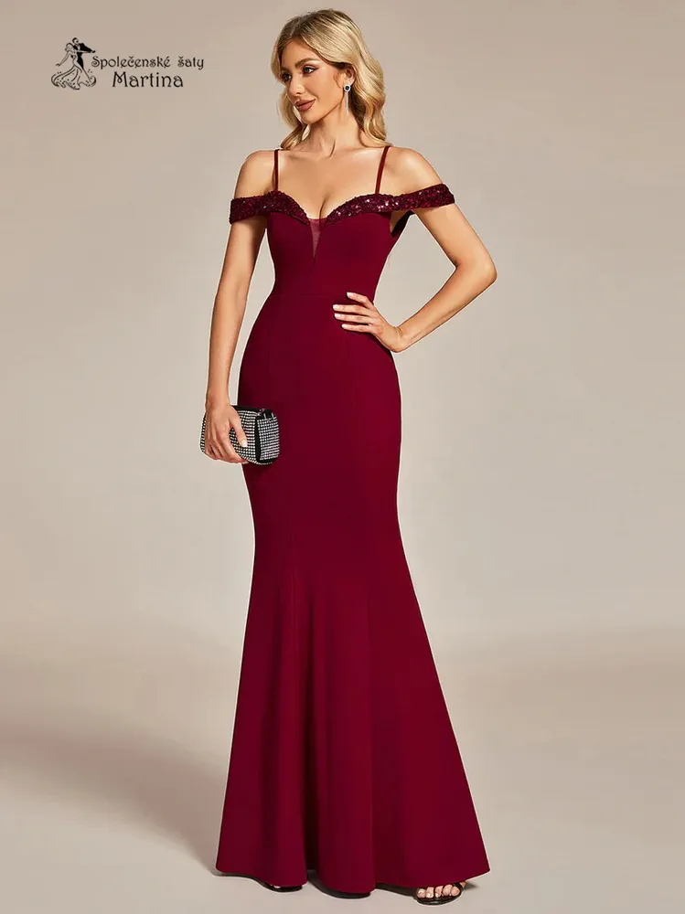 Vínové večerní bodycon šaty "Baillie" se spadenými ramínky