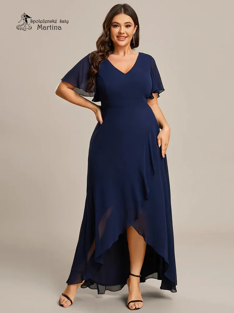 Dlouhé asymetrické tmavě modré plus size šaty "Rubye" s volnými rukávy
