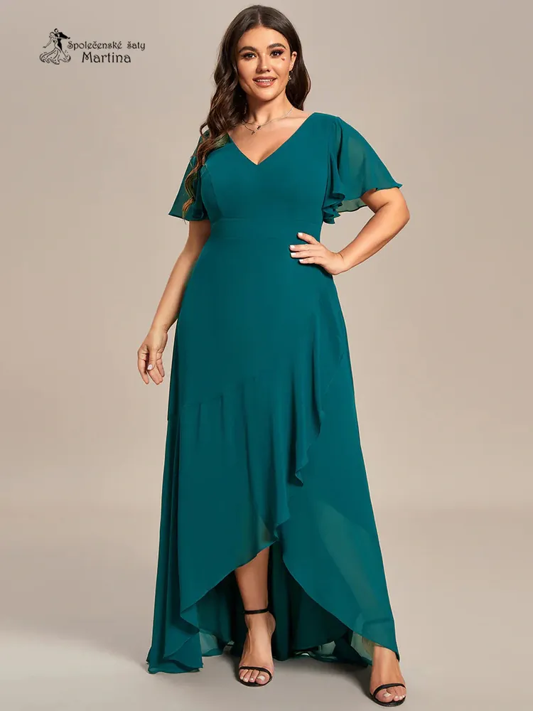 Dlouhé asymetrické petrolejové plus size šaty "Rubye" s volnými rukávy